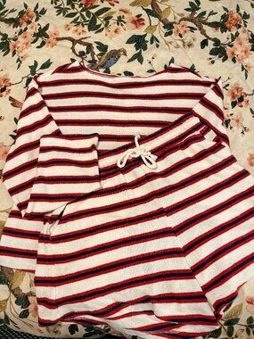 Universal Thread Red White Navy Striped Terry Top & Drawstring Shorts Set